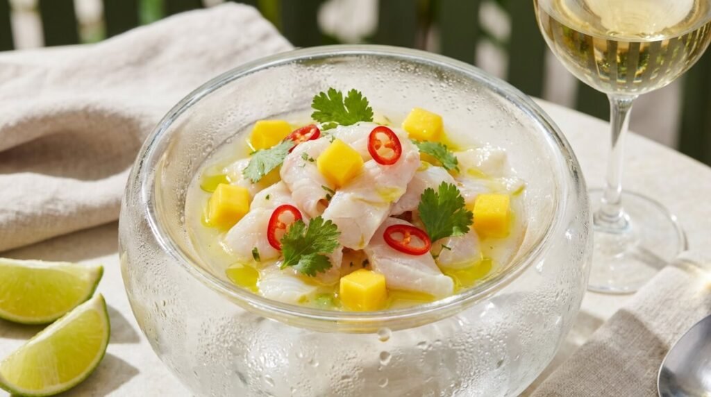 cardápio de janeiro: ceviche de peixe branco com cubos de manga