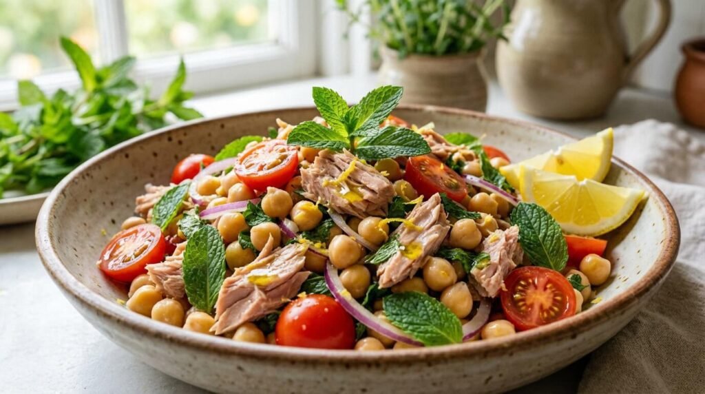 cardápio de janeiro: salada de grão de bico com atum e limão