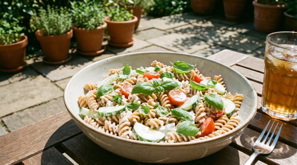 salada de macarrão integral com molho de iogurte e ervas