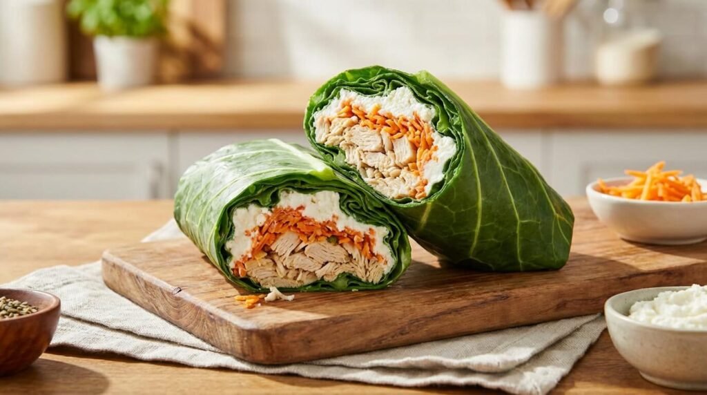 wrap de folha de couve com frango desfiado e ricota